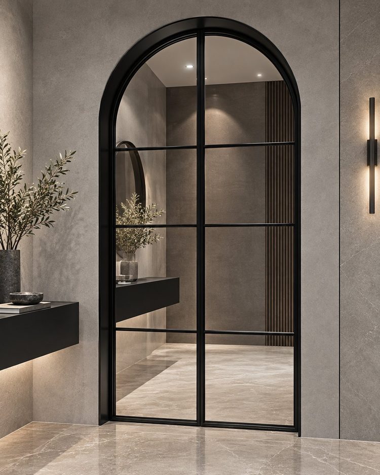 Black-framed arched glass interior door
