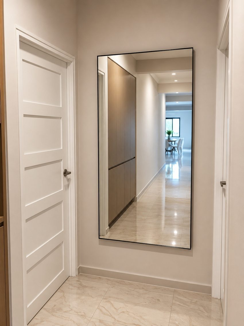 Full-length Brooklyn Rectangle mirror in a bright marble hallway