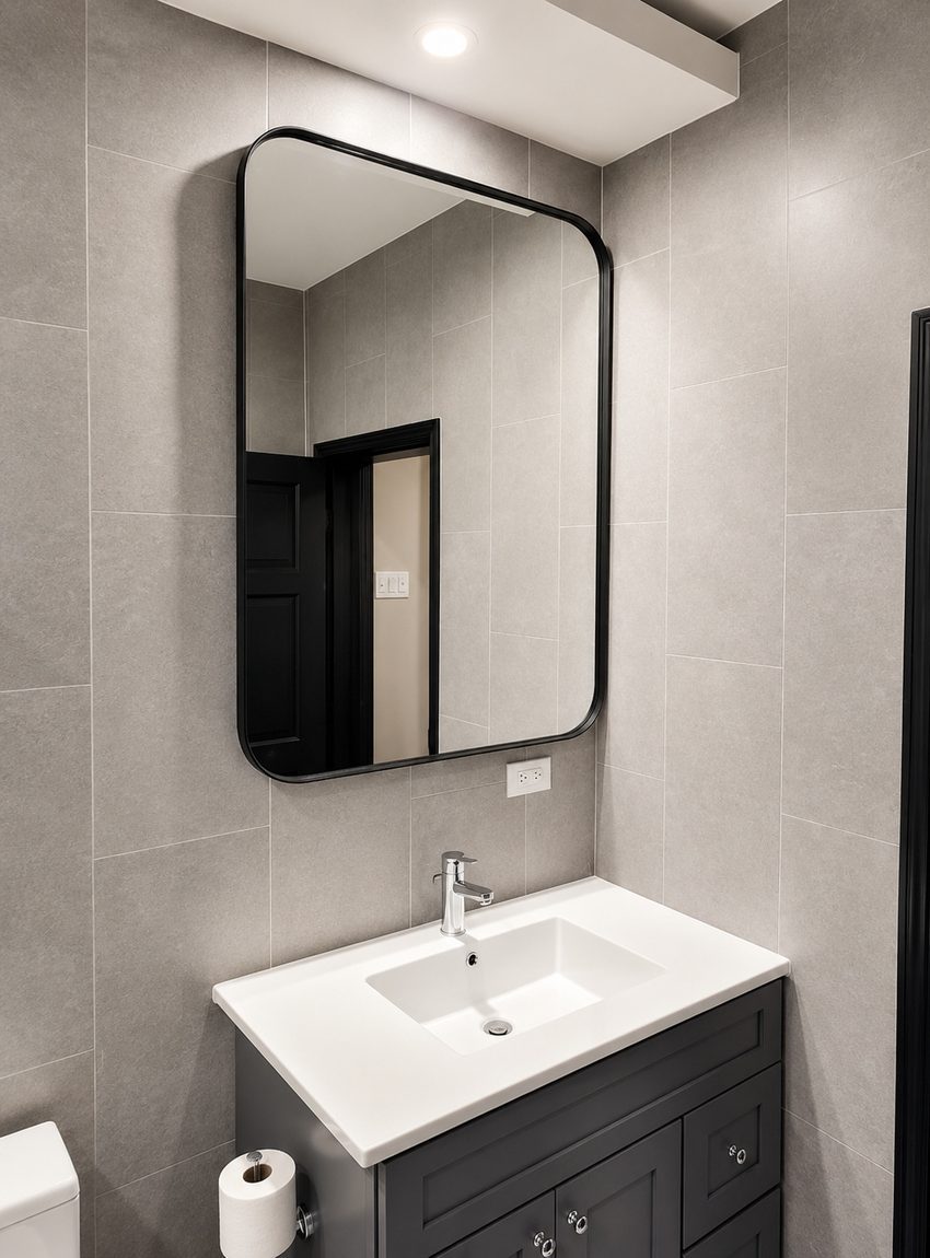 Camden Brix, The Soft Edge Mirror over a grey-tile bathroom vanity
