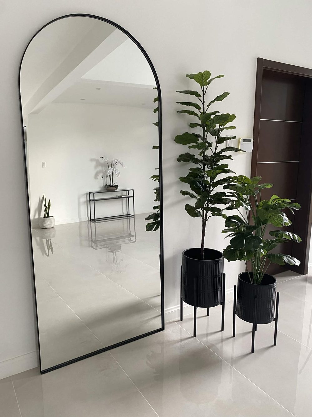 Black arched mirror in a bright entryway with plants